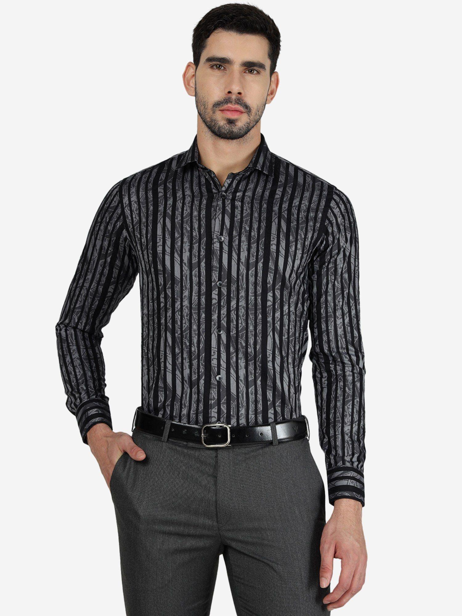 men 100% cotton printed black slim fit full sleeve party wear shirt