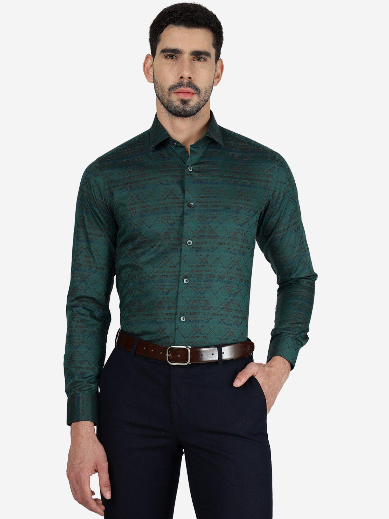 men 100% cotton printed green slim fit full sleeve party wear shirt