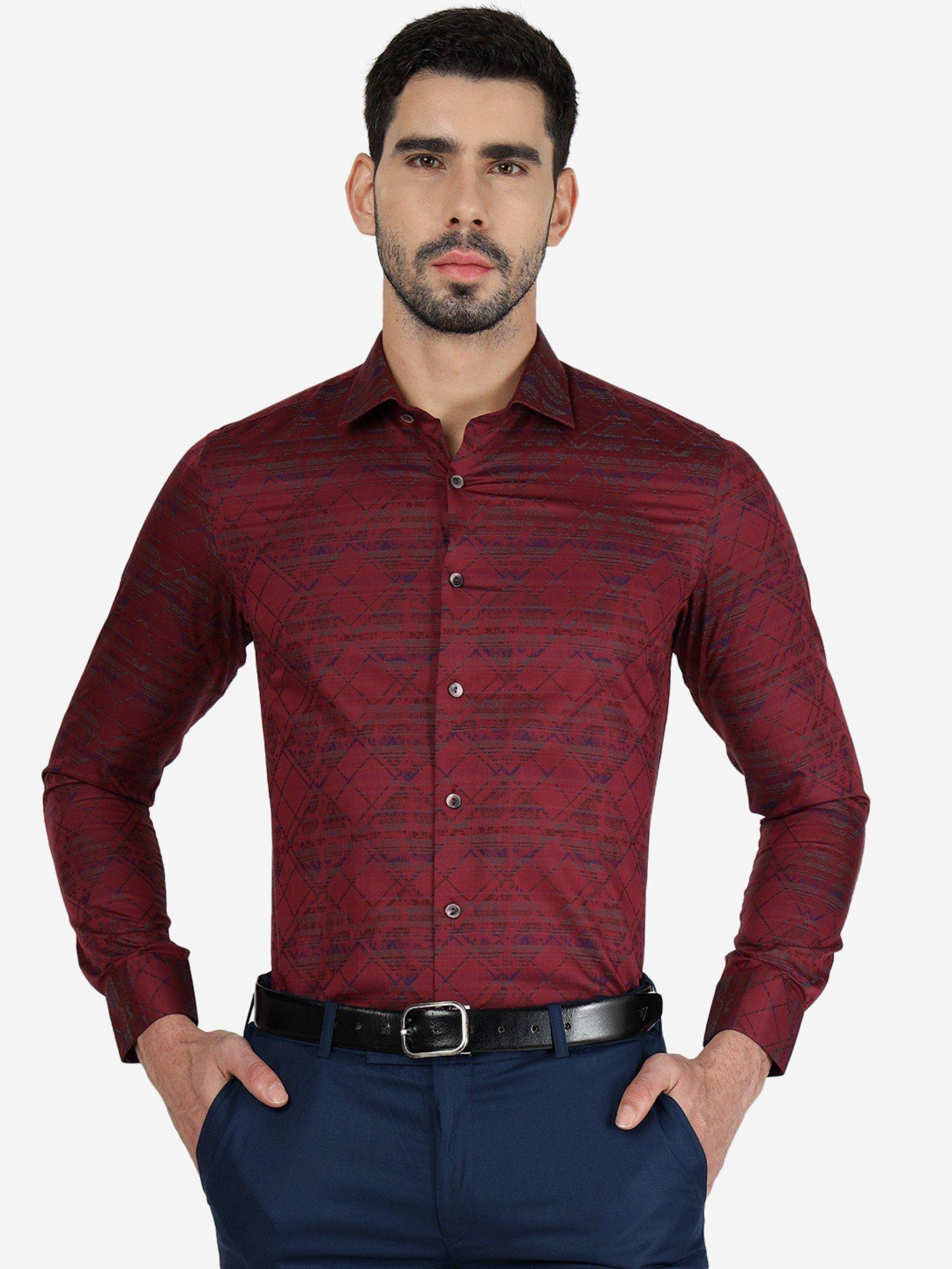 men 100% cotton printed maroon slim fit full sleeve party wear shirt