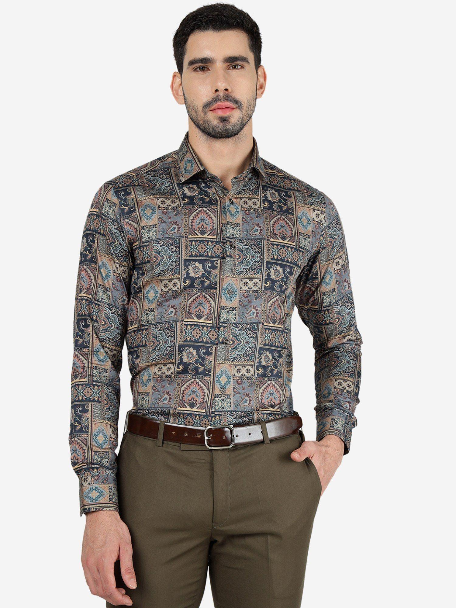 men 100% cotton printed navy blue slim fit full sleeve party wear shirt