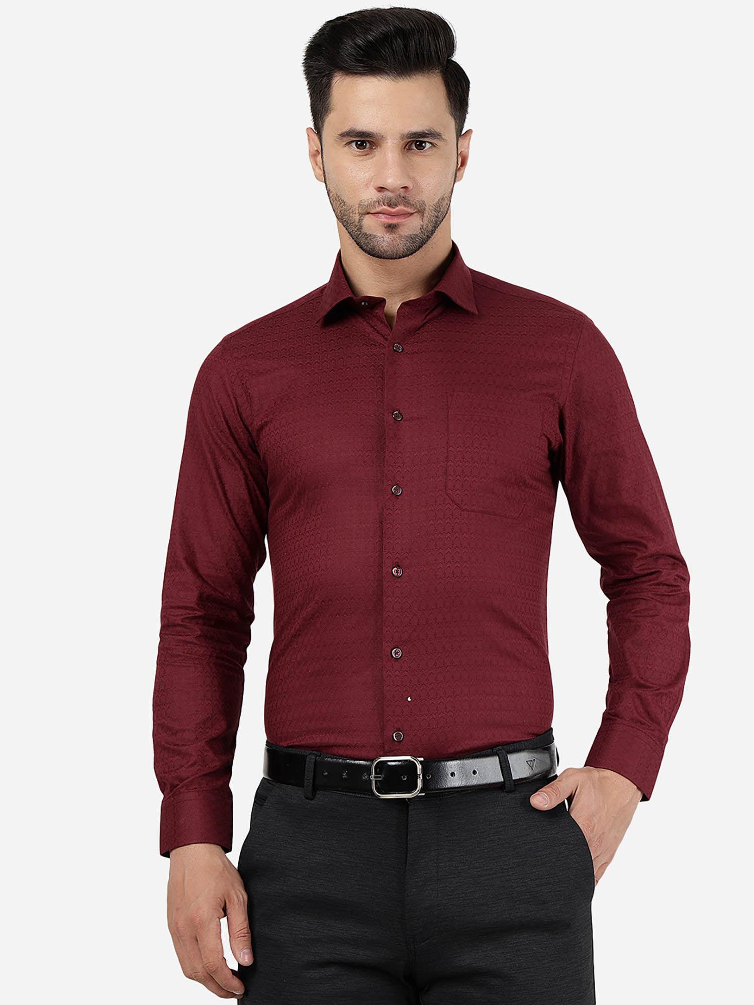 men 100% cotton textured maroon slim fit party wear shirt