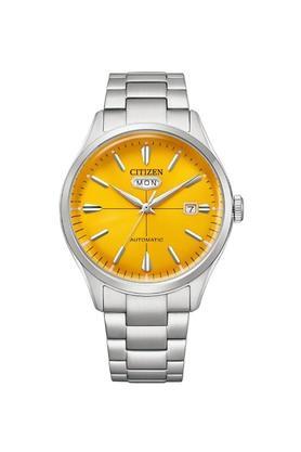 men 40.2 mm automatic yellow dial stainless steel analog watch