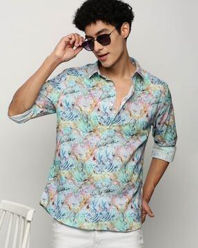 men abstract print slim fit shirt