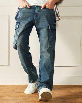 men acid wash relaxed fit cargo jeans