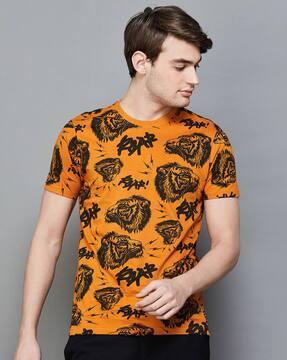 men animal print regular fit crew-neck t-shirt