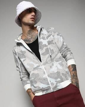 men animal print regular fit zip-front hoodie