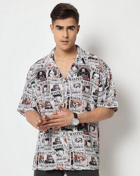 men anime wanted pirates print oversized hawaiian shirt