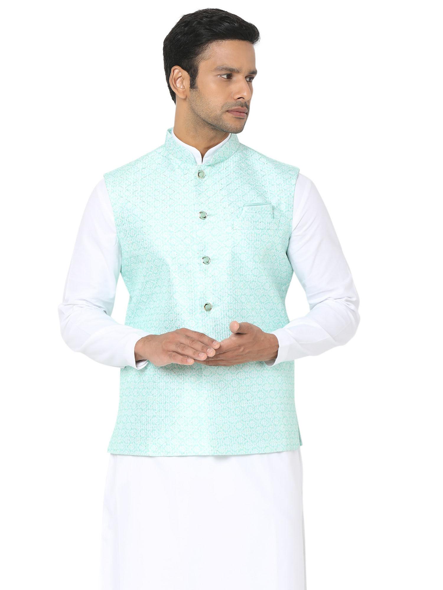 men aqua blue art silk digital printed sleeveless nehru jacket