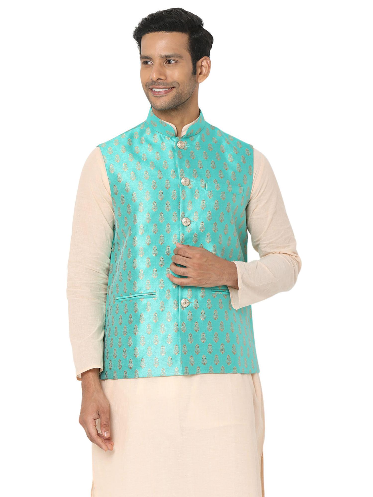 men aqua blue art silk jacquard sleeveless nehru jacket