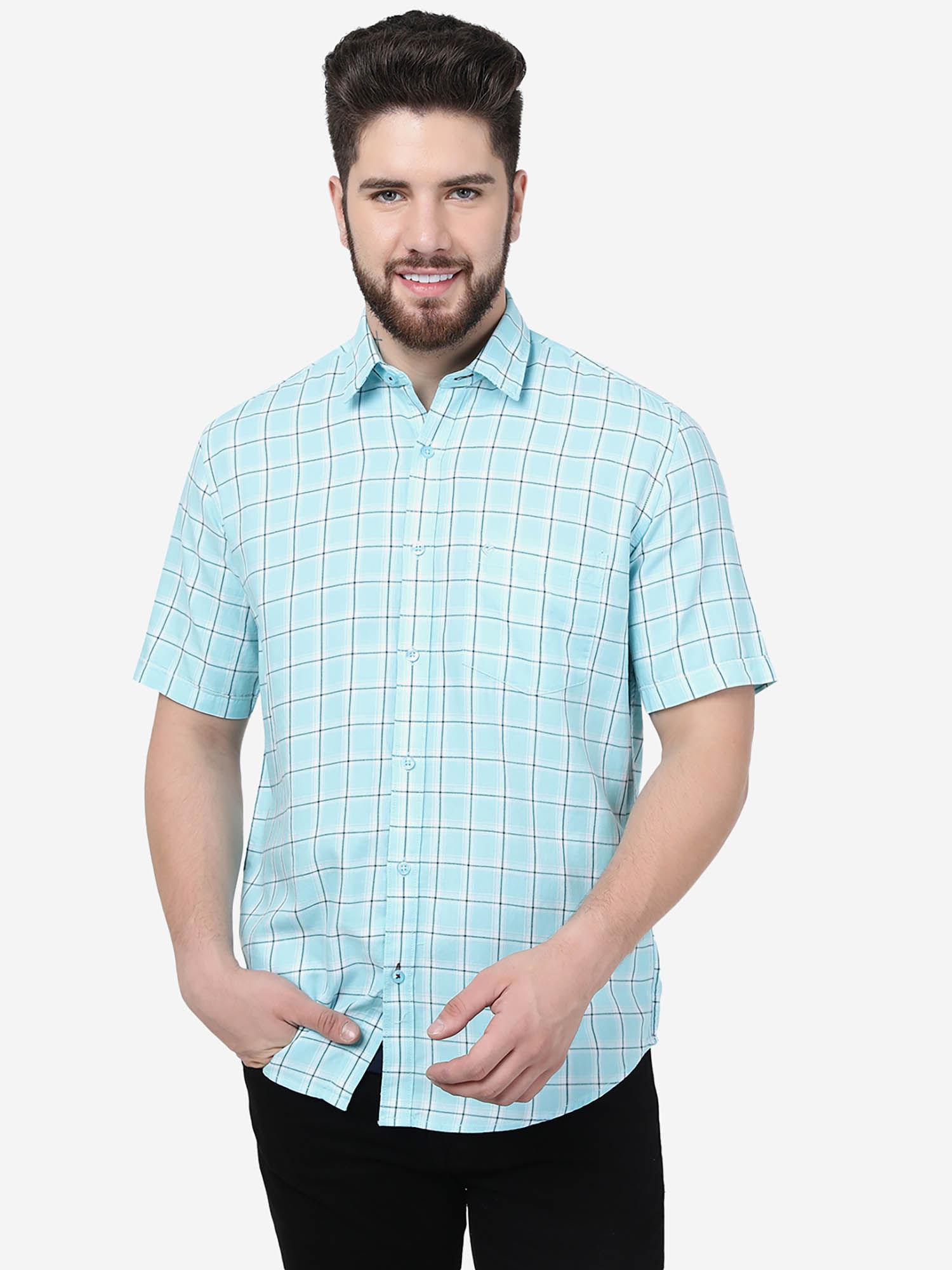 men aqua blue cotton smart fit checked casual shirt