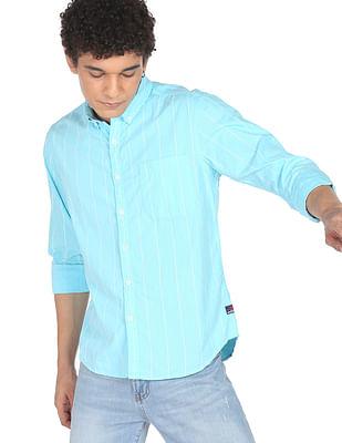 men aqua vertical stripe pure cotton casual shirt