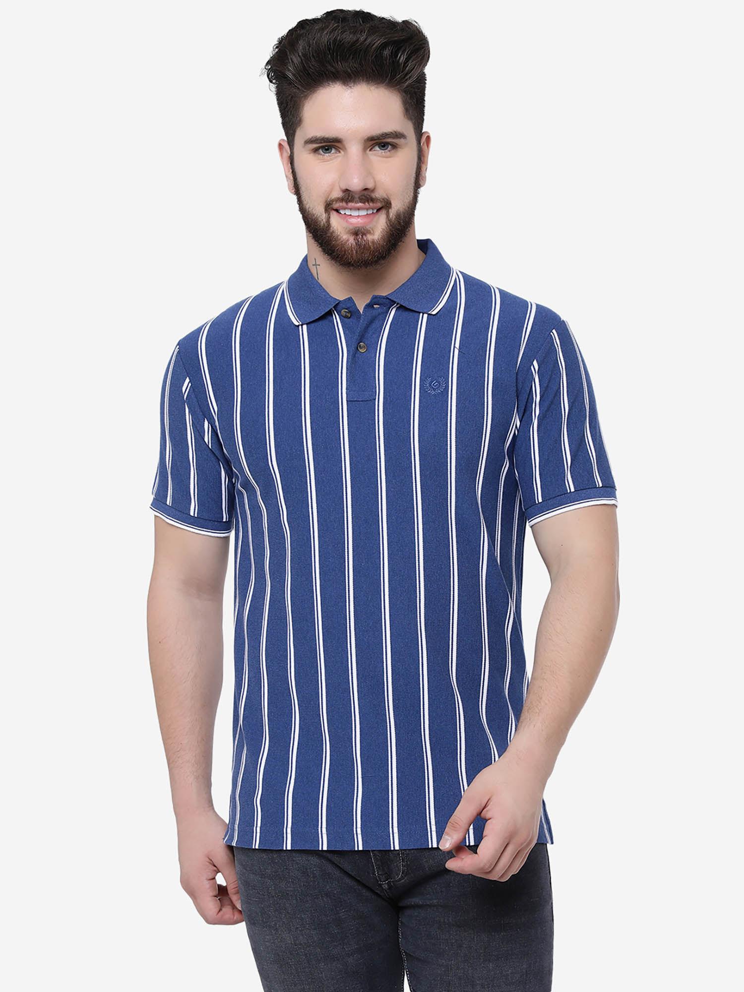 men azure blue poly viscose slim fit striped polo t-shirt