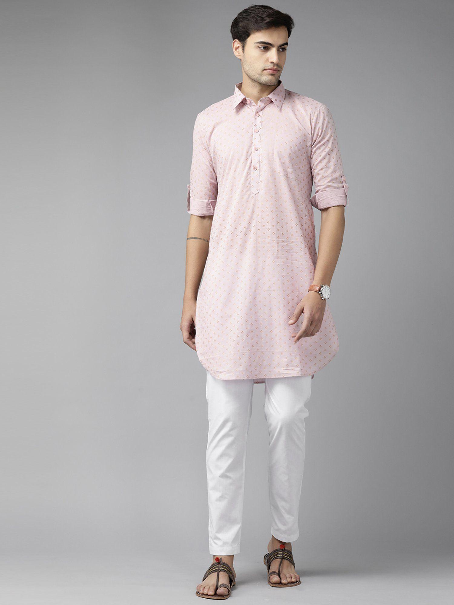 men baby pink regular pathani printed men's kurta with white salwar (set of 2)