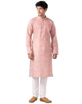 men bandhani print regular fit long kurta with mandarin collar