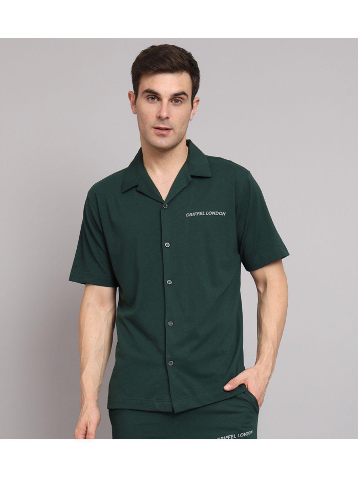 men basic green regular fit cotton bowling shirt