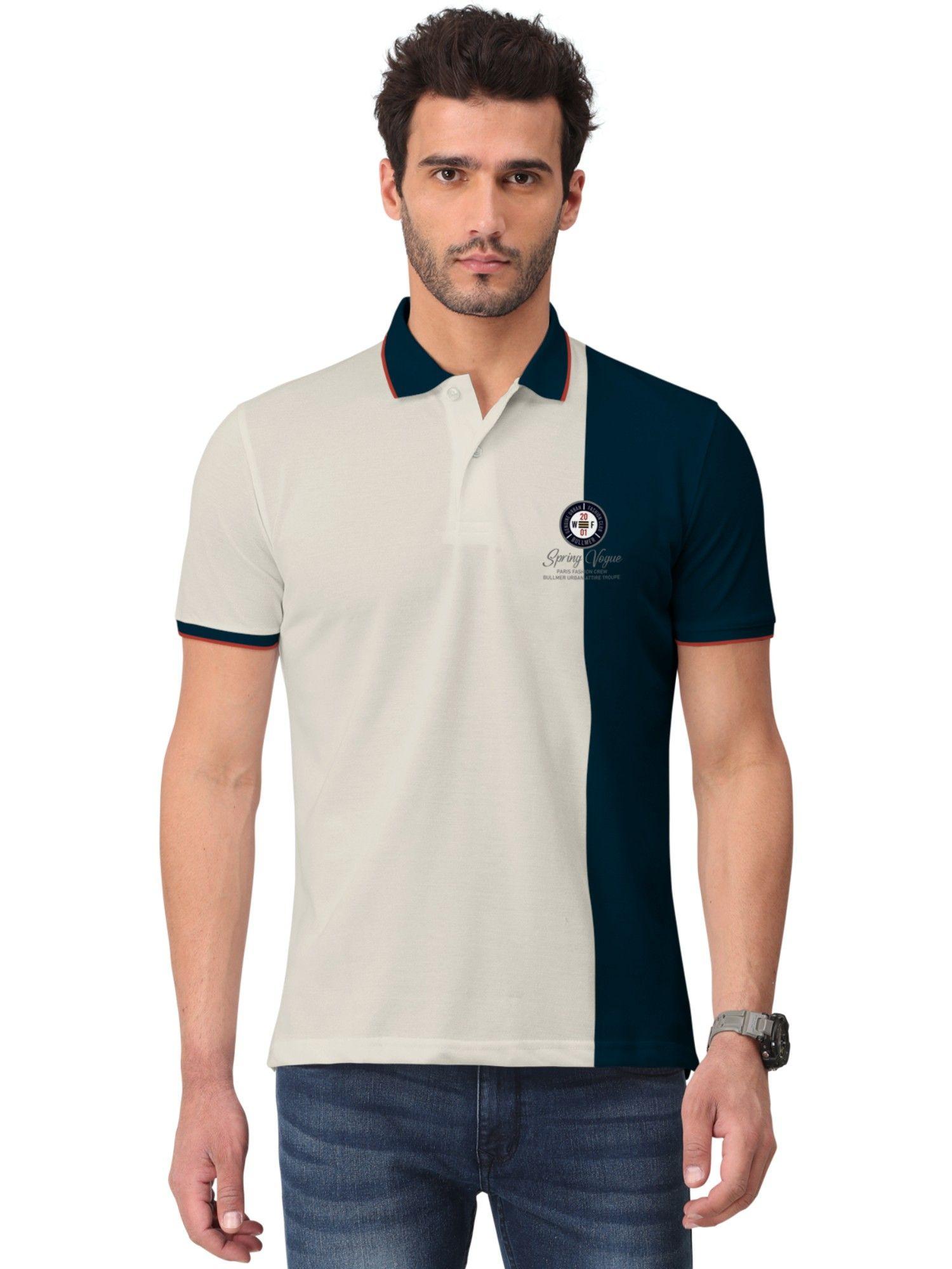 men beige & petrol blue colorblock half sleeve polo t-shirts