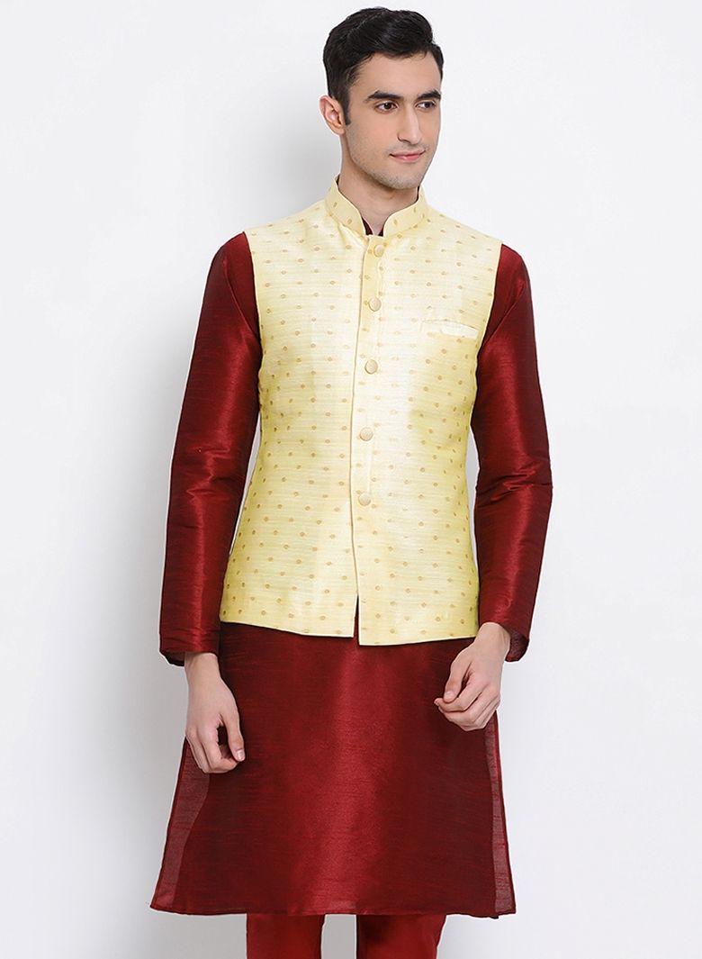 men beige and maroon color silk blend kurta and nehru jacket (set of 2)