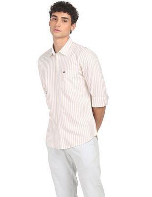 men beige and white slim fit striped casual shirt