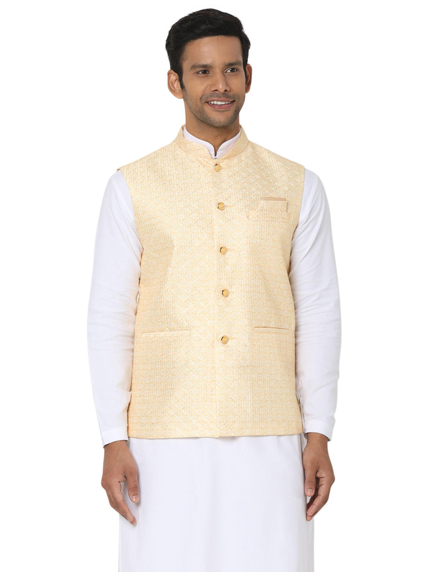 men beige art silk digital printed sleeveless nehru jacket