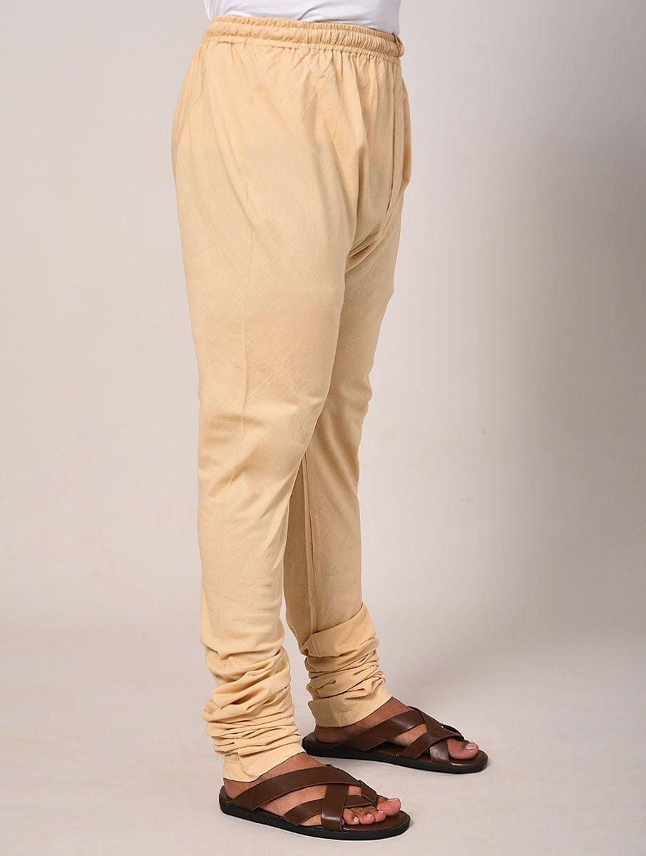 men beige brown cotton basic full length churidar