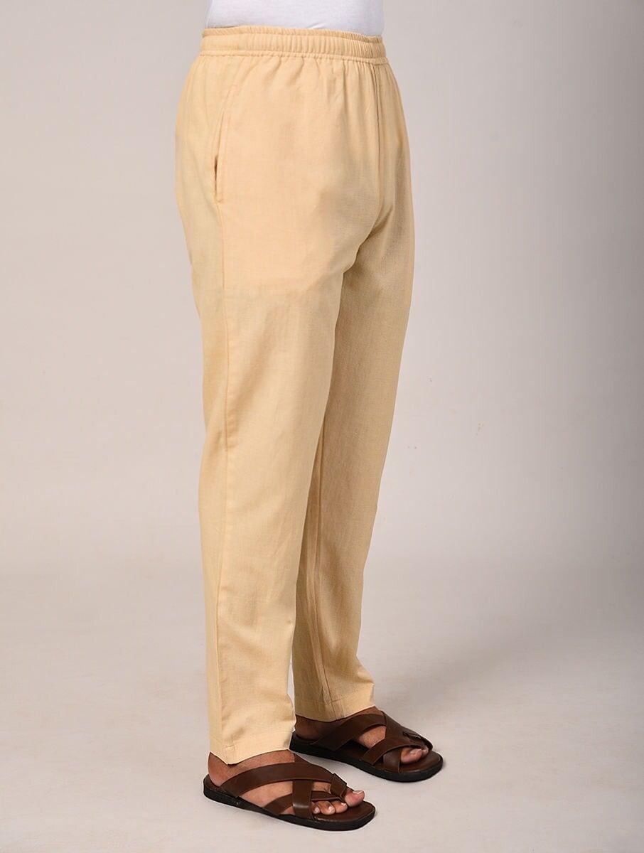 men beige brown cotton full length pyjamas