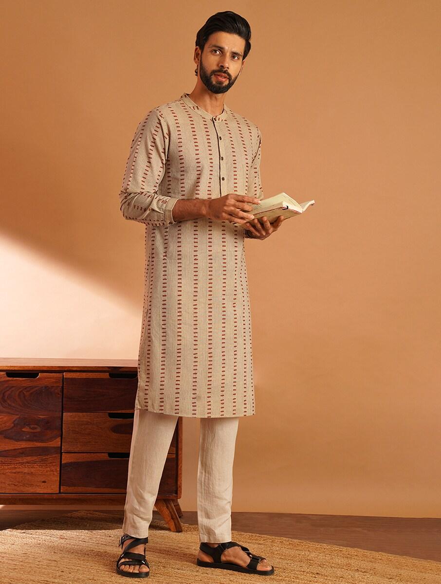 men beige brown cotton printed round neck regular fit kurta