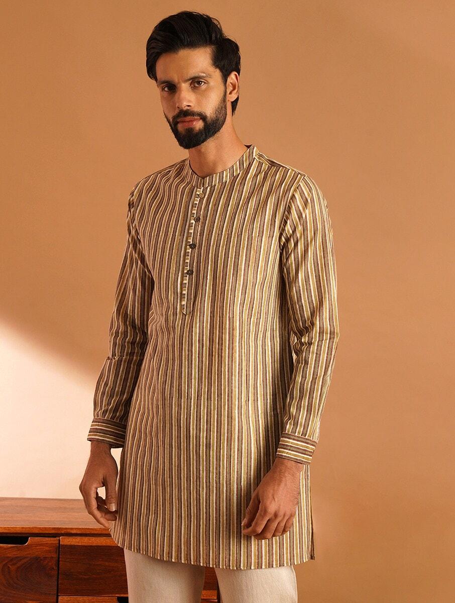 men beige brown cotton printed round neck regular fit kurta
