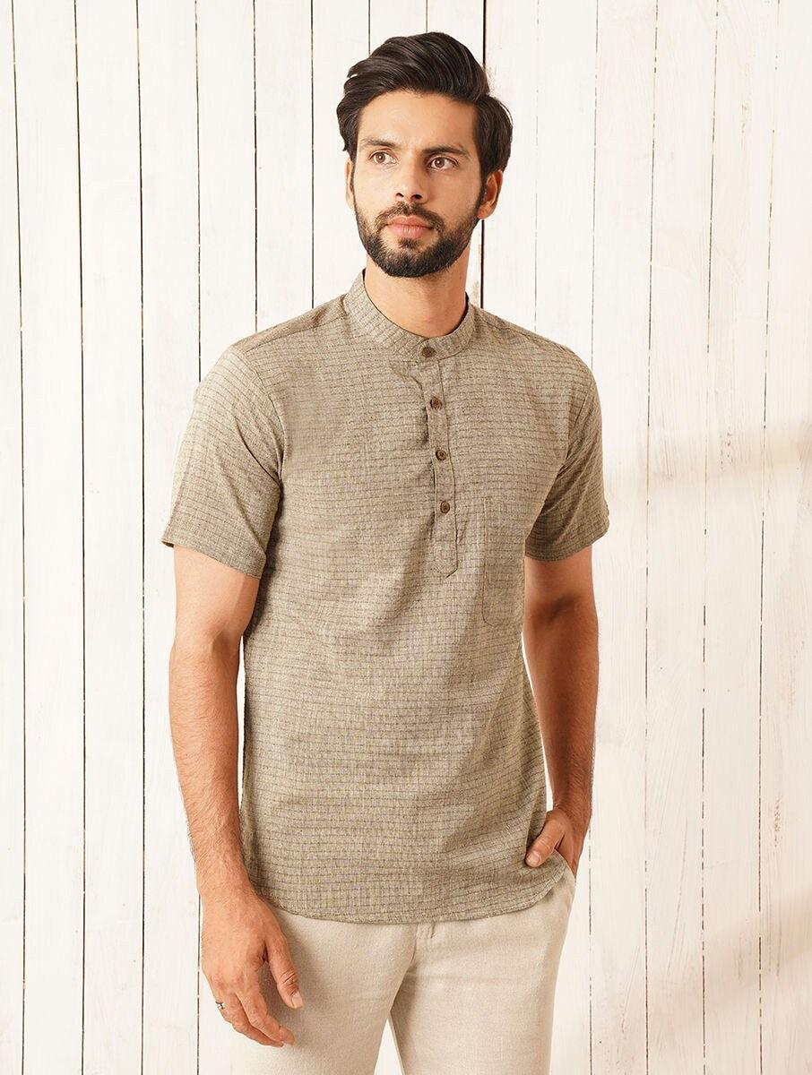 men beige brown cotton solid mandarin collar regular fit kurta