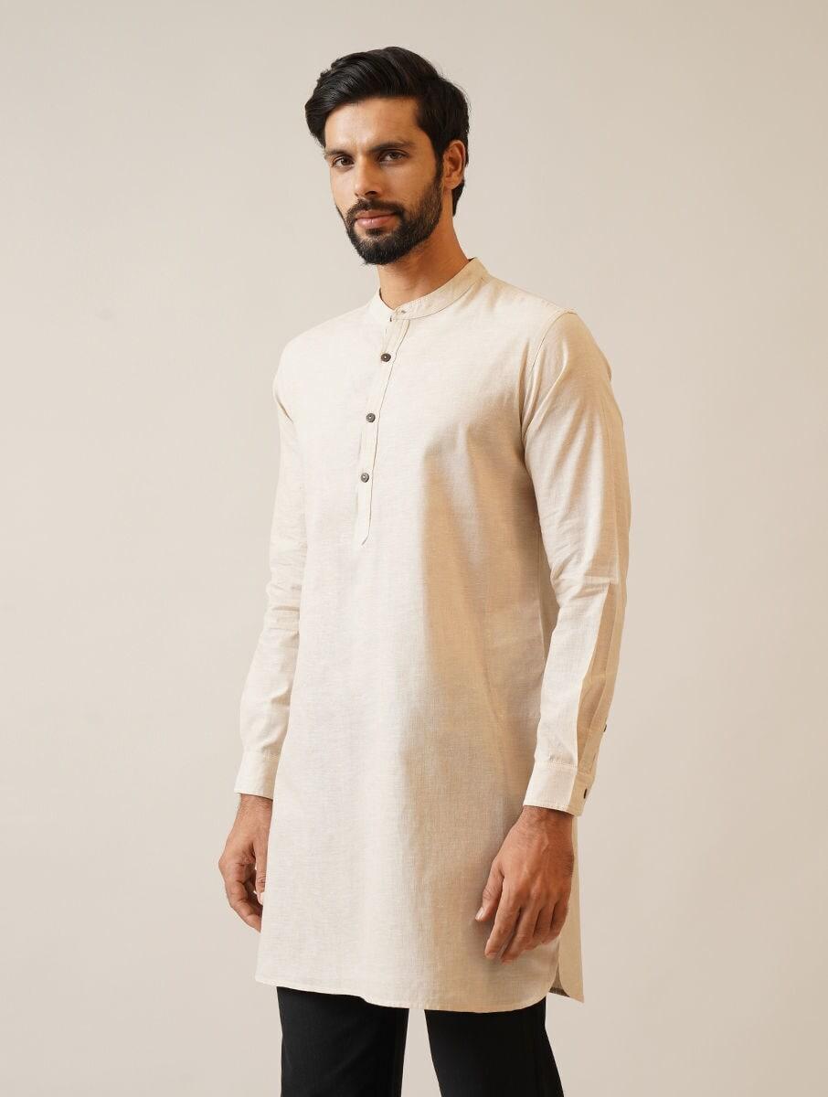 men beige brown cotton solid regular fit kurta