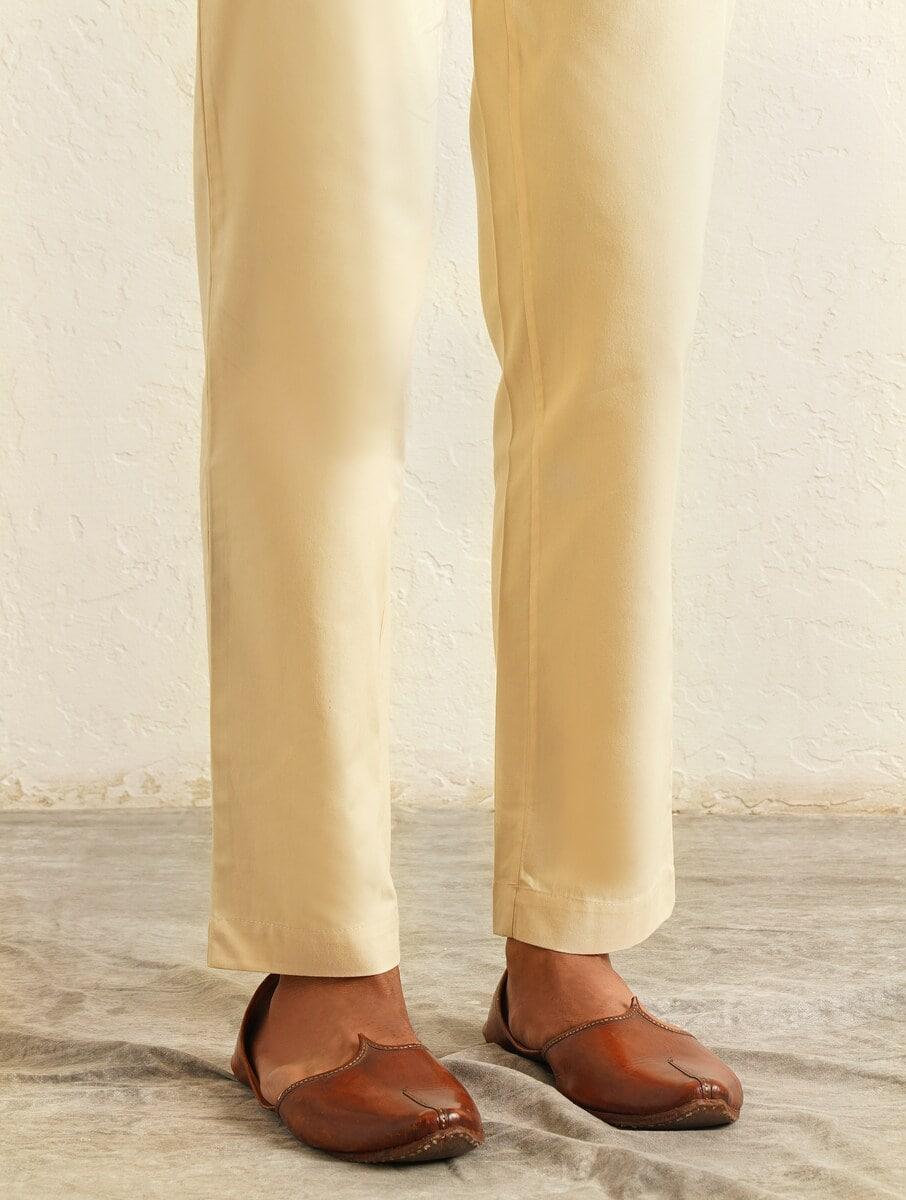 men beige brown cotton solid regular straight fit pants