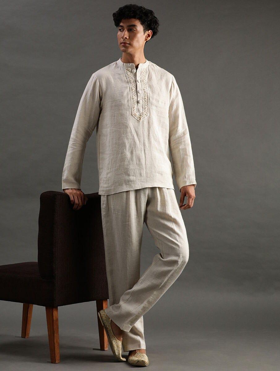 men beige brown linen embroidered straight kurta sets