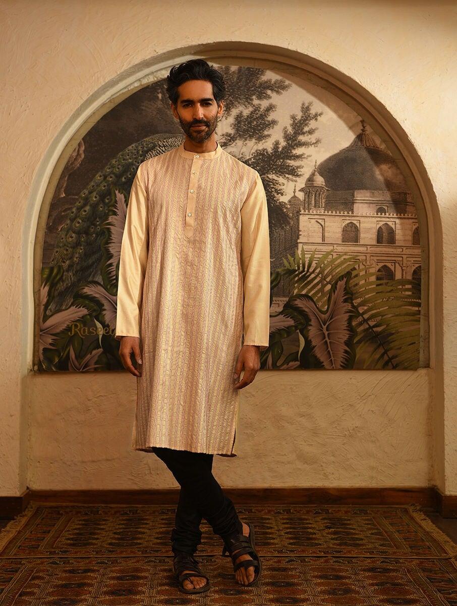 men beige brown viscose mandarin collar regular fit kurta