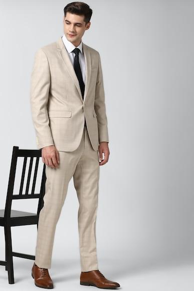 men beige check slim fit formal two piece suit