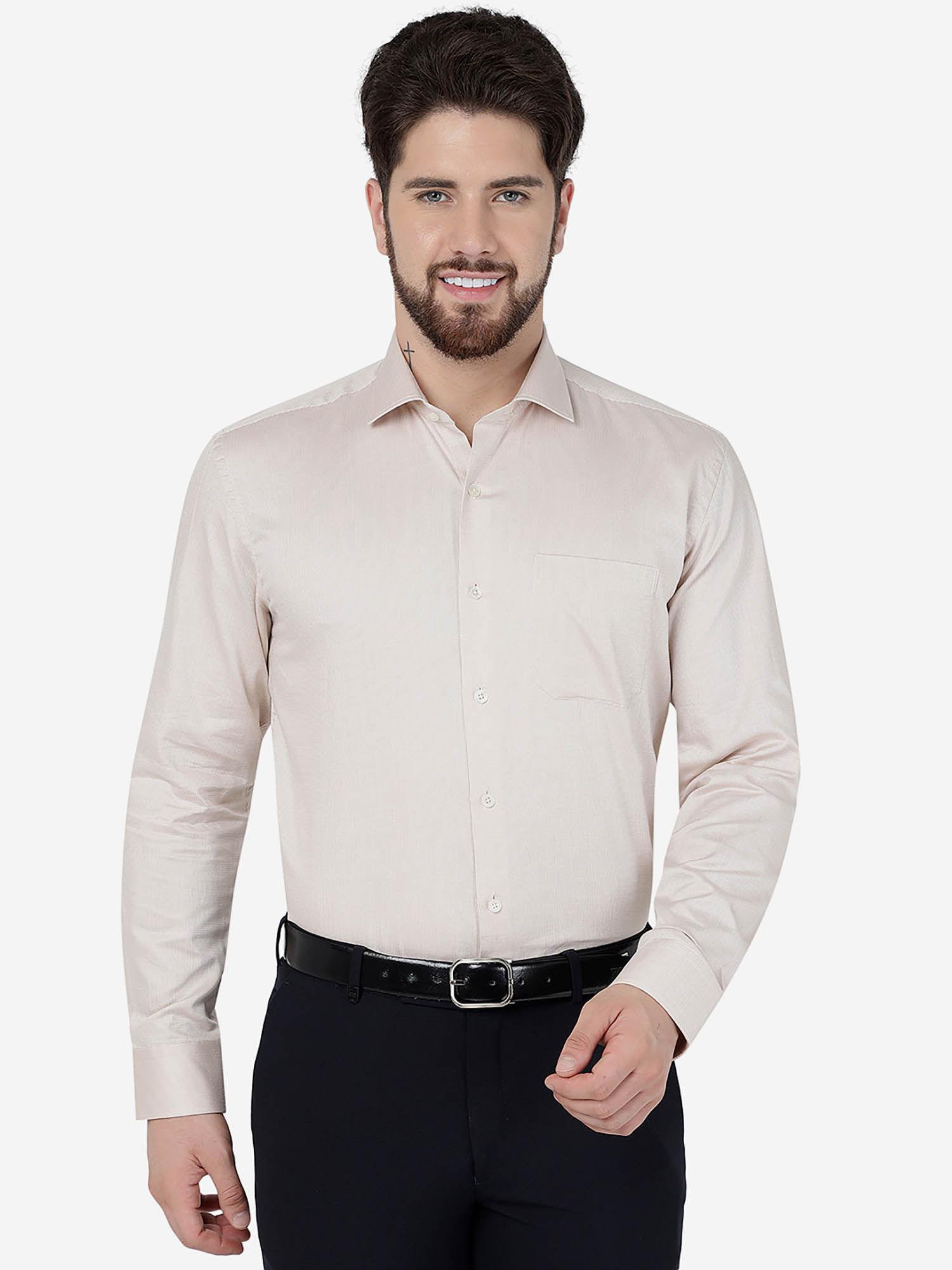 men beige cotton blend slim fit solid formal shirt