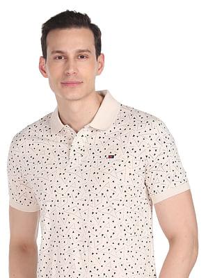 men beige cotton geometrical print polo shirt