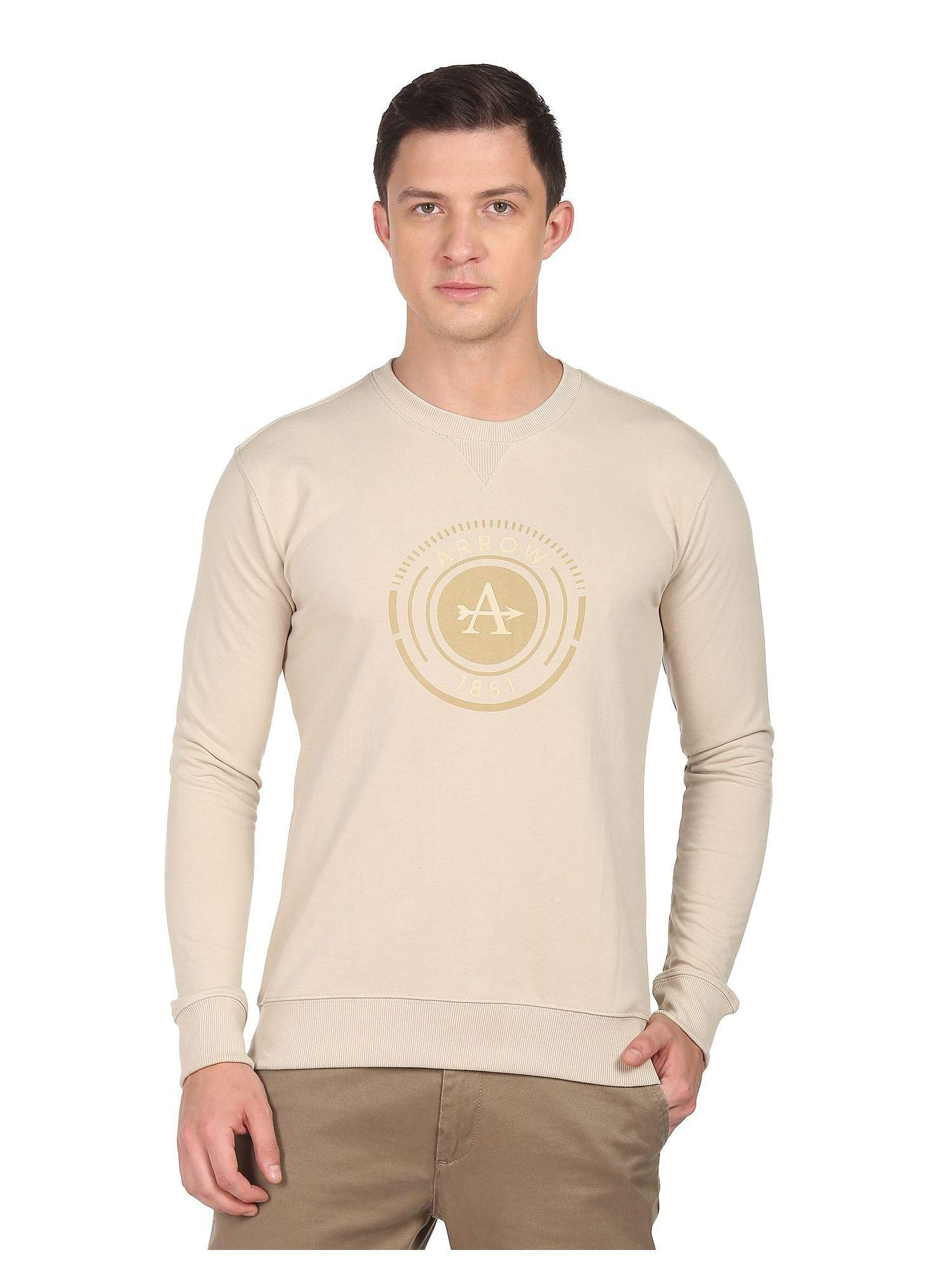 men beige crew neck printed sweatshirt