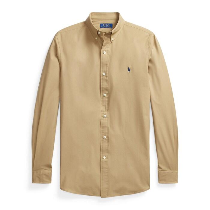 men beige custom fit stretch poplin shirt