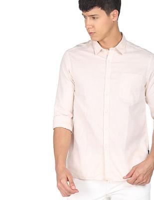 men beige dobby solid casual shirt