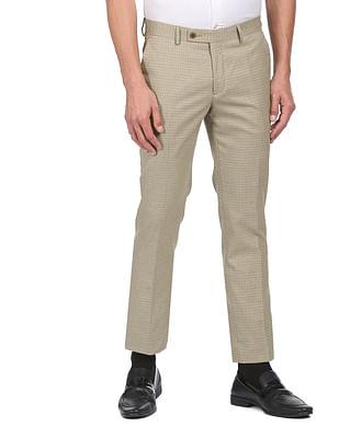 men beige flat front check formal trousers