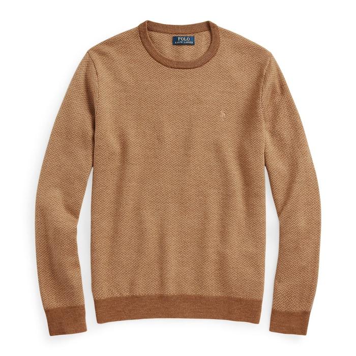 men beige herringbone-knit washable wool sweater