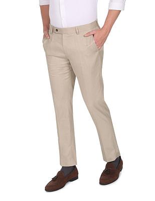 men beige hudson tailored fit solid formal trousers