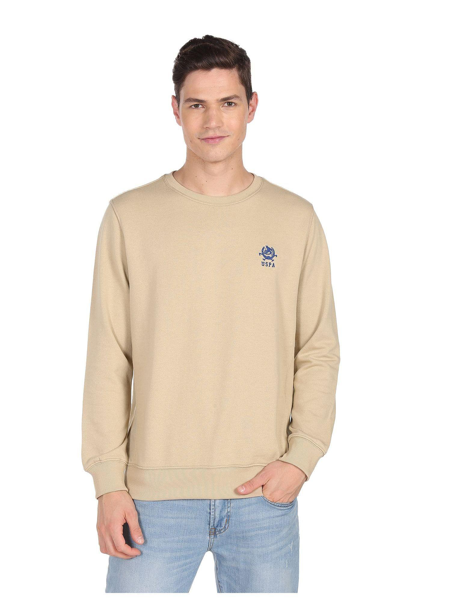 men beige logo embroidered crew neck sweatshirt