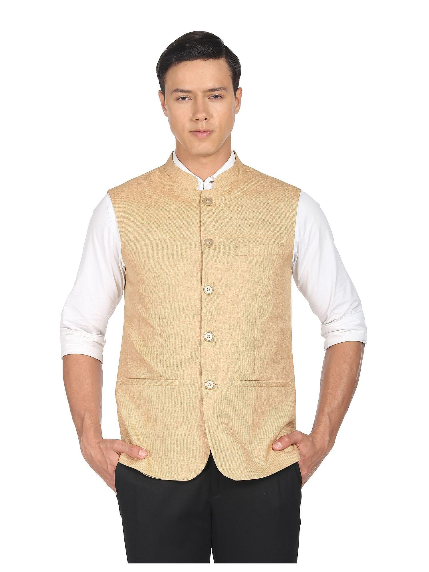 men beige mandarin collar heathered nehru jacket