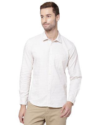 men beige modern fit striped casual shirt