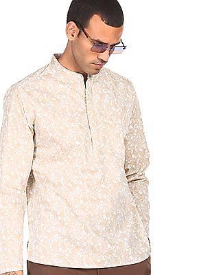 men beige patch pocket cotton short kurta