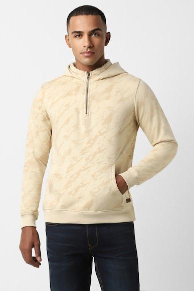 men beige print hooded neck sweatshirt