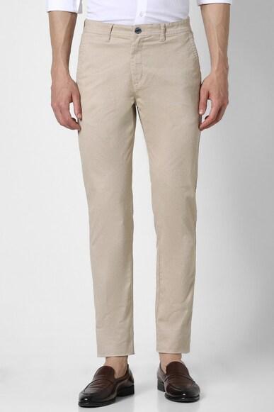 men beige print super slim fit casual trousers