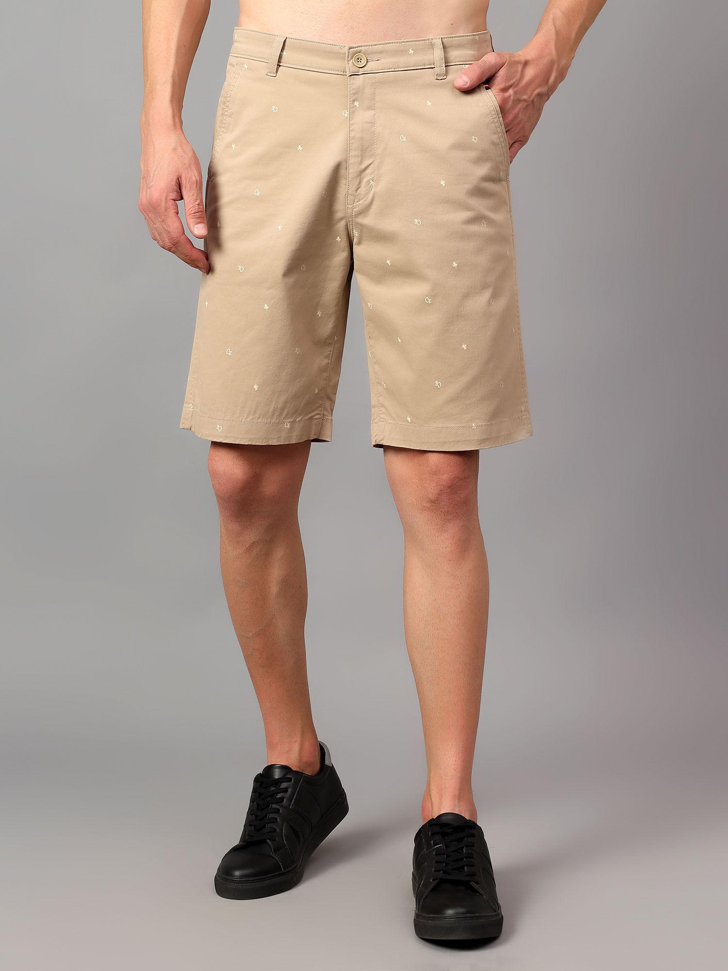 men beige printed cotton above knee shorts