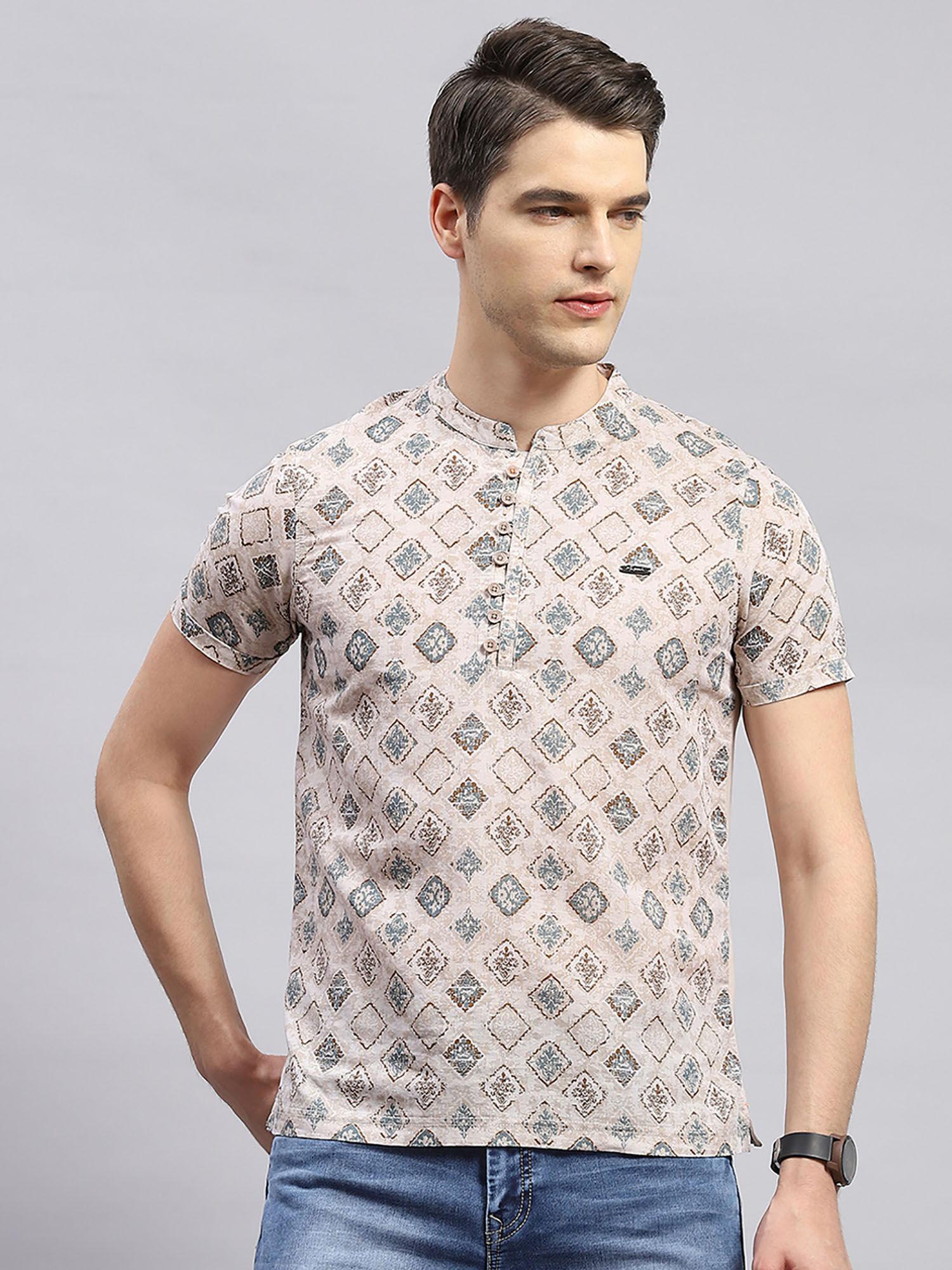 men beige printed half sleeve regular fit kurta