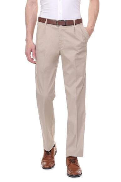 men beige regular fit solid formal trousers